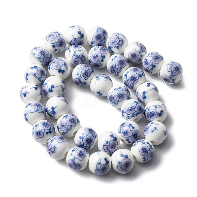 Handmade Flower Printed Porcelain Ceramic Beads Strands PORC-M007-10mm-05-1