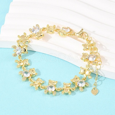 Bear Brass Micro Pave Cubic Zirconia Link Chain Bracelets for Women BJEW-K248-05G-1