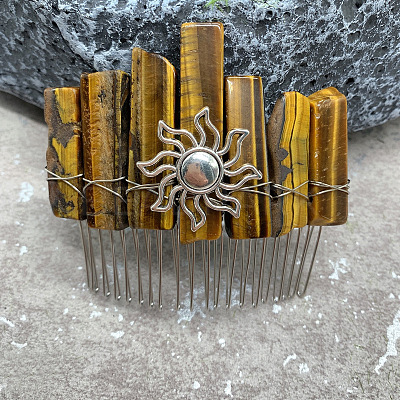 Sun Wire Wrapped Natural Tiger Eye Hair Combs PW-WG56832-09-1