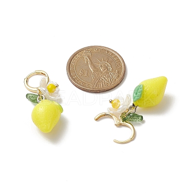 Lemon Resin with Leaf & Imitation Pearl Flower Dangle Leverback Earrings EJEW-TA00192-1
