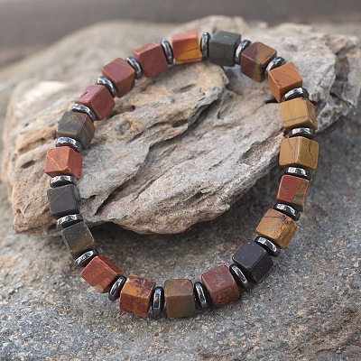 Cube Natural Picasso Jasper & Synthetic Non-magnetic Hematite Beads Stretch Bracelets for Women Men PF6426-5-1