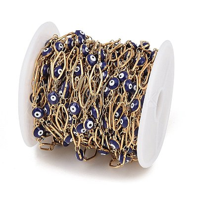 304 Stainless Steel Enamel Evil Eye & Rhombus Link Chains CHS-K021-13G-01-1