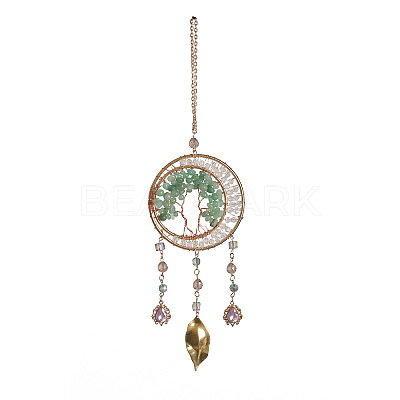 Brass Wire Wrapped Natural Green Aventurine Chips Tree of Life Pendant Decorations HJEW-D302-07A-1