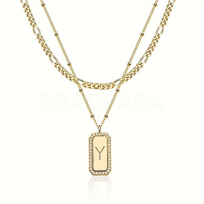 Brass Micro Pave Clear Cubic Zirconia Rectangle with Initial Pendant Double Layer Necklaces for Women FS-WG478B5-25-1