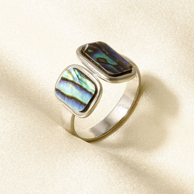 304 Stainless Steel with Natural Shell Cuff Open Rings for Women US1976-2-1