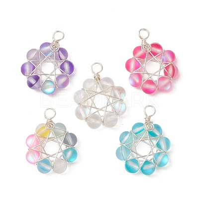 Frosted Dyed Synthetic Moonstone Round Beaded Pendants PALLOY-JF03469-1