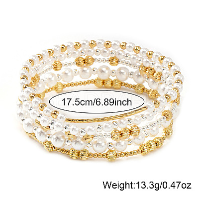 5Pcs 5 Styles Brass & Imitation Pearl Round Beads Stretch Bracelets QX7837-1-1