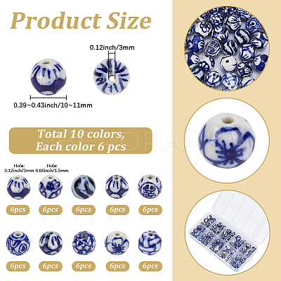 60Pcs 10 Styles Handmade Blue and White Porcelain Beads Strands PORC-PA0001-41-1