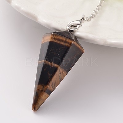 Platinum Tone Brass Tiger Eye Cone Hexagonal Pointed Dowsing Pendulums X-MAK-M015-01D-1