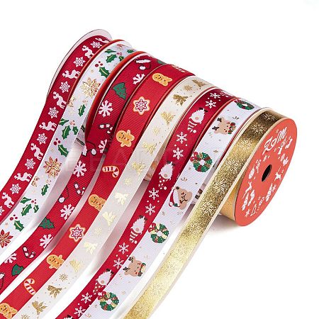 8 Rolls 8 Styles Christmas Printed Polyester Ribbon Sets OCOR-A008-01-1
