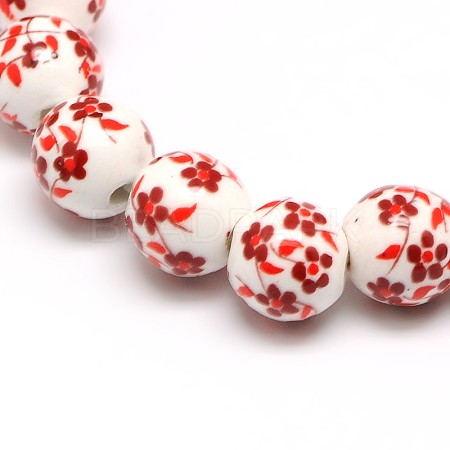 Handmade Flower Printed Porcelain Ceramic Beads Strands PORC-M006-8mm-14-1