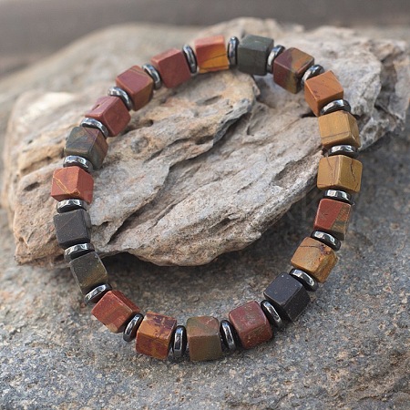 Cube Natural Picasso Jasper & Synthetic Non-magnetic Hematite Beads Stretch Bracelets for Women Men PF6426-5-1