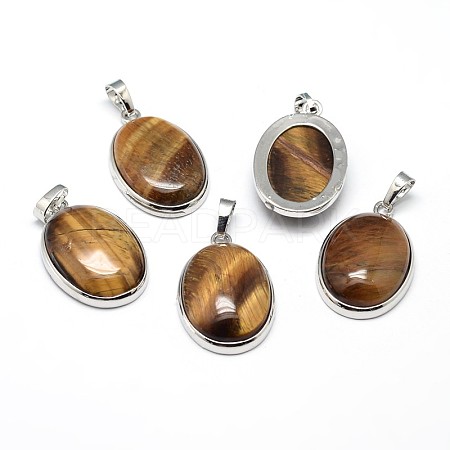 Oval Platinum Plated Brass Natural Tiger Eye Pendants G-F228-15H-RS-1