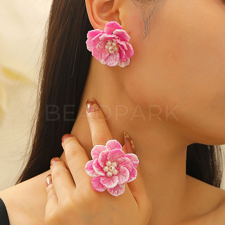 Flower Plastic & Plastic Pearl & Brass Stud Earrings & Rings Sets FS-WG6C53A-12-1