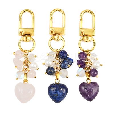 3Pcs Natural Lapis Lazuli & Rose Quartz & Amethyst Heart Pendant Decorations HJEW-JM04150-1