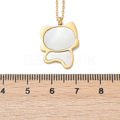 304 Stainless Steel Pave Natural White Shell Cute Cat Shaped Pendant Necklaces for Women NJEW-F339-01G-1