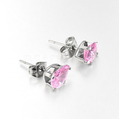 Original Color 304 Stainless Steel Pave Cubic Zirconia Drop Ear Studs EJEW-L098-8mm-06-1