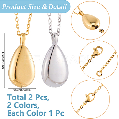 2Pcs 2 Colors 201 Stainless Steel Teardrop Memorial Urn Ashes Pendant Necklaces NJEW-CN0001-21-1