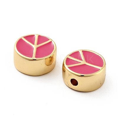 Flat Round with Peace Sign Brass Enamel Beads KK-G419-05G-02-1