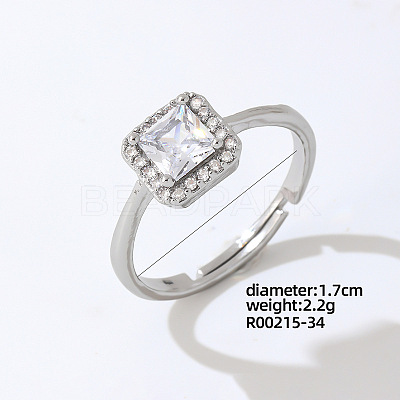Rectangle Platinum Brass Adjustable Ring with Cubic Zirconia EG7863-28-1