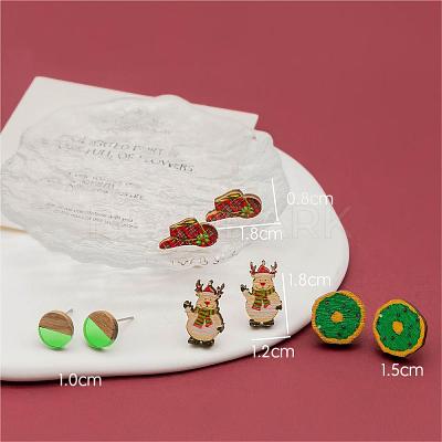 4 Pairs Snowman & Christmas Hat & Wreath Printed Wood Stud Earrings EJEW-OY001-06-1