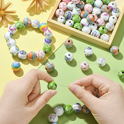 100Pcs 8 Styles Printed Wood European Beads WOOD-CJ0001-84-1