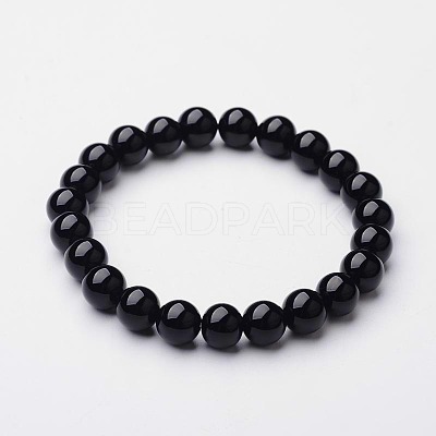 Natural Dyed & Heated Black Agate Round Beaded Stretch Bracelets BJEW-F203-09-1