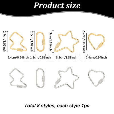 8Pcs 8 Styles 304 Stainless Steel Screw Carabiner Lock Charms AJEW-AN0007-13-1
