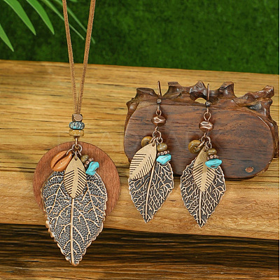 Bohemian Style Leaf Alloy & Wood Pendant Necklaces & Dangle Earrings Sets WG5D754-01-1