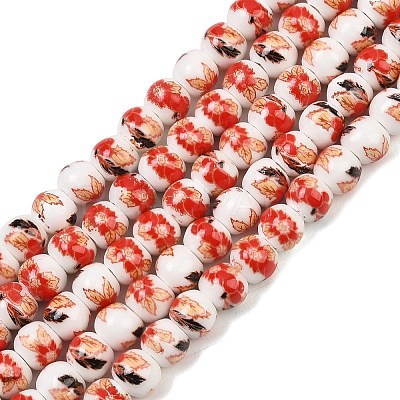 Handmade Flower Printed Porcelain Ceramic Beads Strands PORC-M005-6mm-06-1