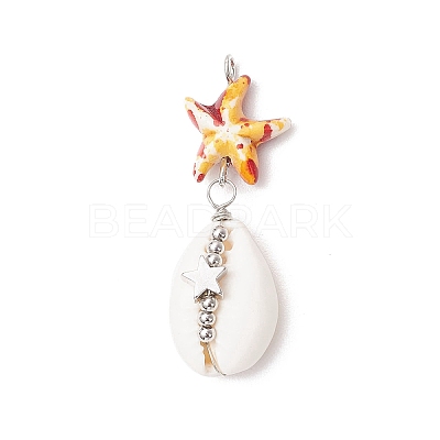 5Pcs 5 Colors Starfish Dyed Synthetic Turquoise & Natural Cowrie Shell Pendants PALLOY-JF03936-1