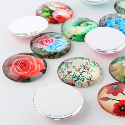 Flower Printed Glass Cabochons GGLA-A002-25mm-BB-1