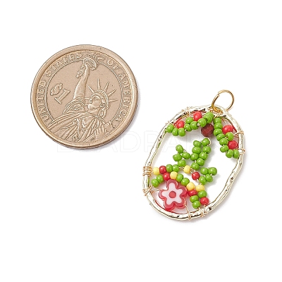 Glass Seed Beaded Oval with Flower Pendants PALLOY-MZ01061-01-1