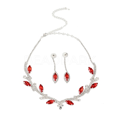 Leaf Brass Rhinestone Stud Dangle Earrings & Pendant Necklaces Set for Women SJEW-M102-03S-01-1