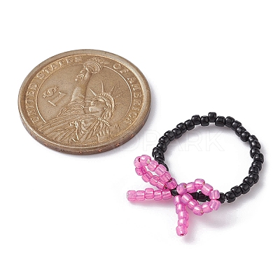 Glass Seed Beaded Bowknot Stretch Finger Rings RJEW-MZ00012-1