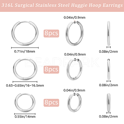 24Pcs 3 Styles 316L Surgical Stainless Steel Huggie Hoop Earrings for Girl Women EJEW-BBC0001-43-1