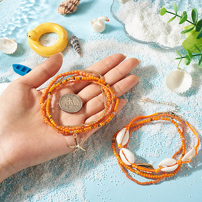 2 Bags Summer Beach Glass Seed Beaded & Natural Shell & Alloy Starfish Charm Anklet Sets AJEW-TA0003-69C-1