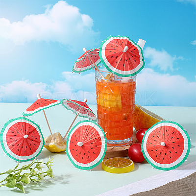 2 Bags Watermelon Pattern Umbrella Bamboo & PET Plastic Toothpick Decorations AJEW-CP0007-28-1