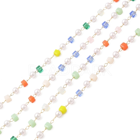 Faceted Cube Glass & ABS Plastic Imitation Pearl Beaded Chains CHS-G026-02KCG-03-1