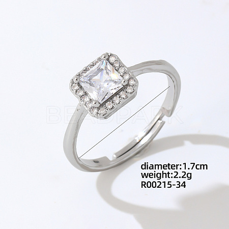 Rectangle Platinum Brass Adjustable Ring with Cubic Zirconia EG7863-28-1
