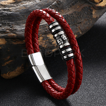 Stainless Steel Skull Beaded Leather Double Layer Multi-strand Bracelet SKUL-PW0004-26A-02-1