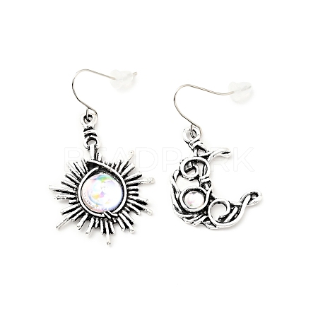 Resin Beaded Moon and Sun Asymmetrical Earrings EJEW-C036-01B-1