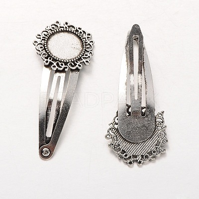 Flower Iron Snap Hair Clips with Tibetan Style Alloy Round Trays MAK-J002-04AS-1