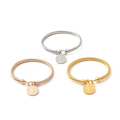 304 Stainless Steel Saint Benedict Charms Twist Rope Bangle for Women BJEW-P283-06C-1