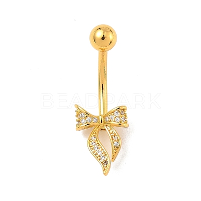 Brass Pave Clear Cubic Zirconia Curved Barbell Bowknot Belly Rings AJEW-L099-01B-G-1