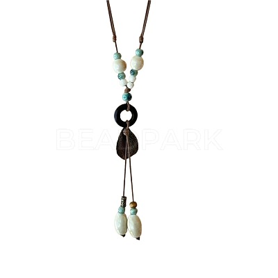 Chinese Style Porcelain & Alloy & Wood Leaf Pendant Adjustable Waxed Cord Long Necklaces for Women WG8DC5B-01-1