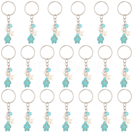 20Pcs Turtle with Starfish Synthetic Turquoise Pendant Keychains KEYC-CP0001-47A-1