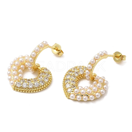 Rack Plating Brass Heart Dangle Stud Earrings with Plastic Pearl EJEW-M222-02G-1