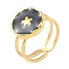 Ion Plating(IP) 304 Stainless Steel Enamel Flat Round with Flower Cuff Finger Rings RJEW-L107-067G-02-1