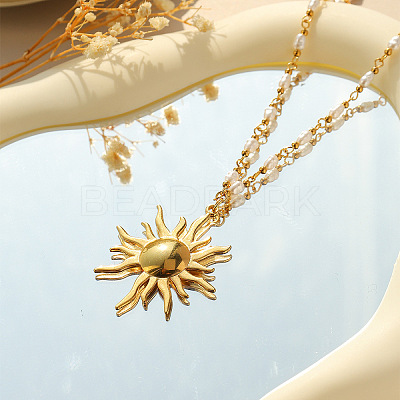 304 Stainless Steel with ABS Imitation Pearl Sun Pendant Necklaces LS-NJEW-Z107-01G-1